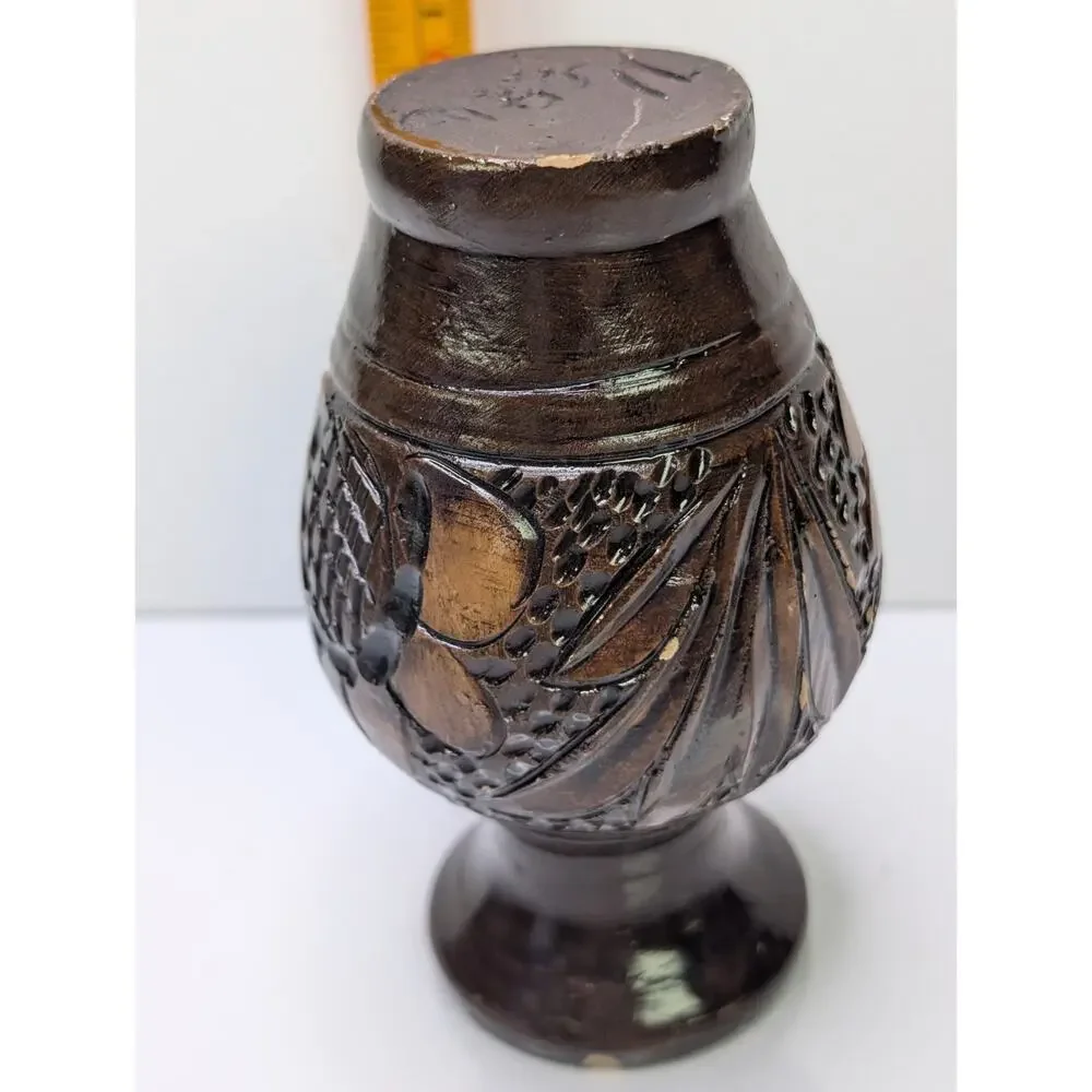 Signed Studio Pottery Vase Brown Glazed Carved Floral Handmade 4.5